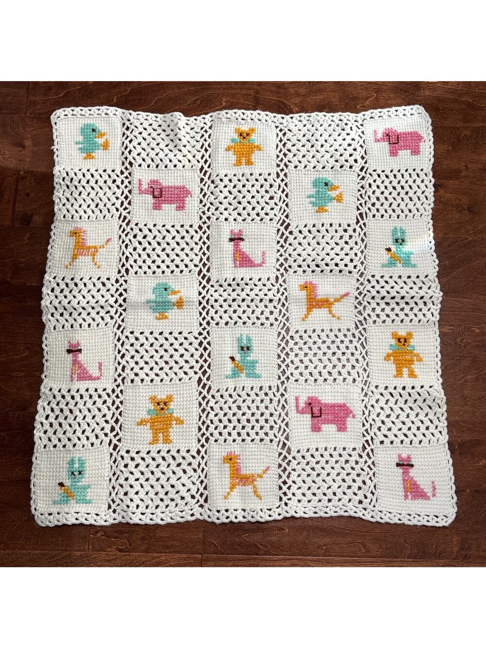 VTG Granny Square Baby Lap Blanket 34x31” Crochet Handmade Cross Stitch Animals